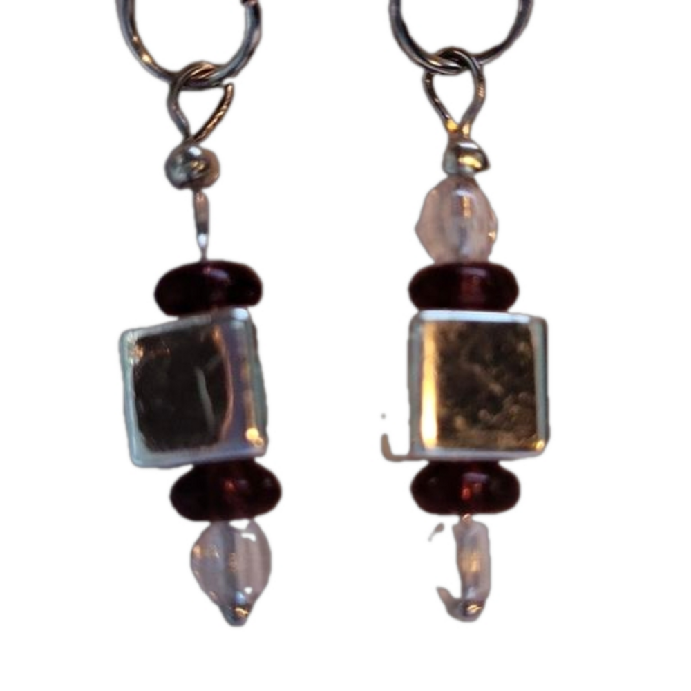 Handmade Bead and Silver Block Dangle French Wire Pierced Earrings - Picture 4 of 4